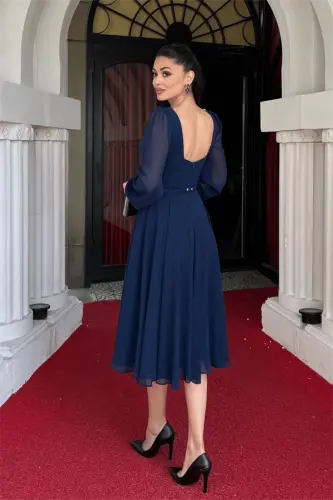 Chiffon Fabric Floral Detail Midi Dress - NAVY BLUE - 5