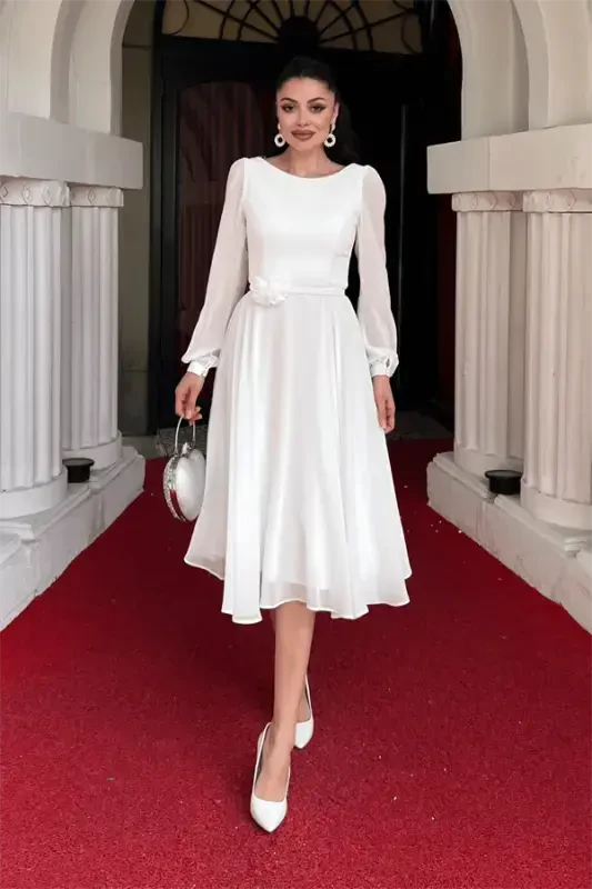 Chiffon Fabric Floral Detail Midi Dress - WHITE - BÜYÜKBEDENIZ