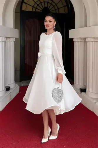 Chiffon Fabric Floral Detail Midi Dress - WHITE - BÜYÜKBEDENIZ (1)