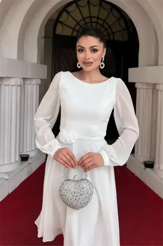 Chiffon Fabric Floral Detail Midi Dress - WHITE - 3