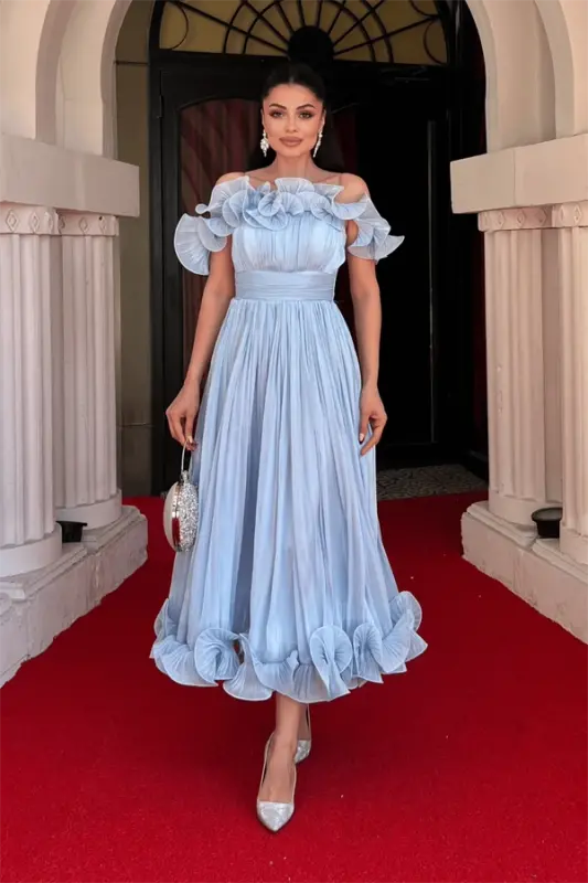 Chiffon Fabric Flounce Detailed Midi Dress - BABY BLUE - BÜYÜKBEDENIZ