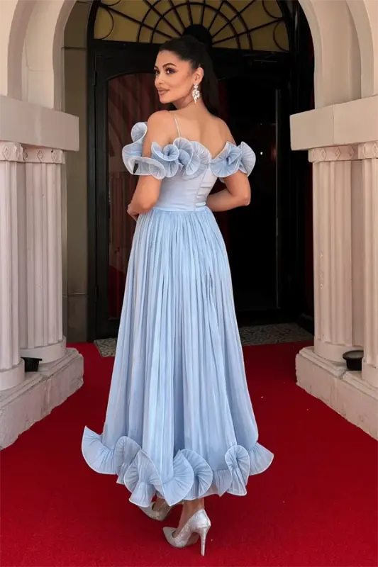 Chiffon Fabric Flounce Detailed Midi Dress - BABY BLUE - 5