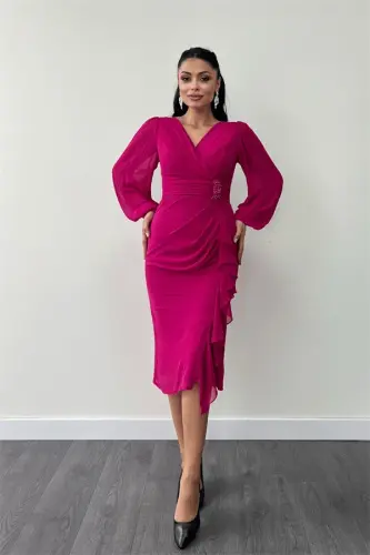 Chiffon Fabric Flounce Detailed Pencil Dress - FUCHSIA - 1
