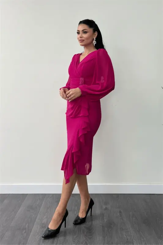 Chiffon Fabric Flounce Detailed Pencil Dress - FUCHSIA - 2