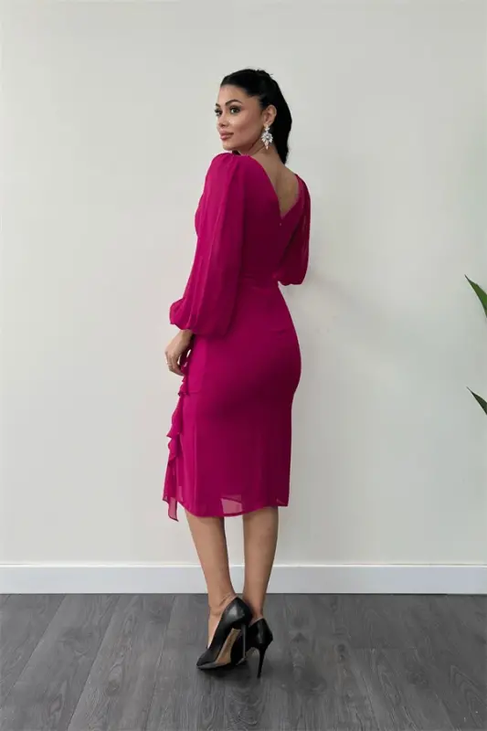 Chiffon Fabric Flounce Detailed Pencil Dress - FUCHSIA - 5