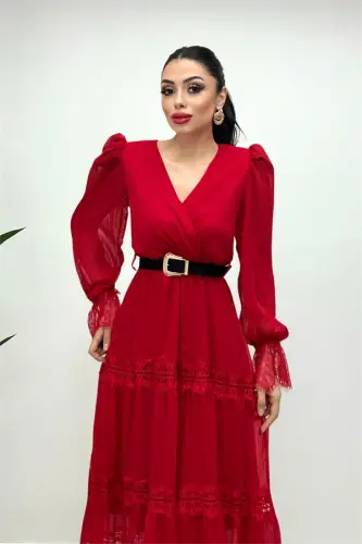Chiffon Fabric Lace Detailed Dress - RED - 1