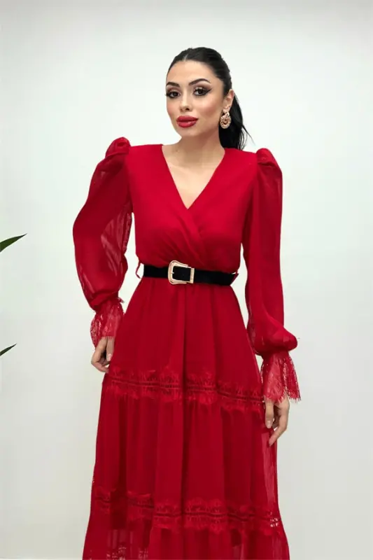 Chiffon Fabric Lace Detailed Dress - RED - 1