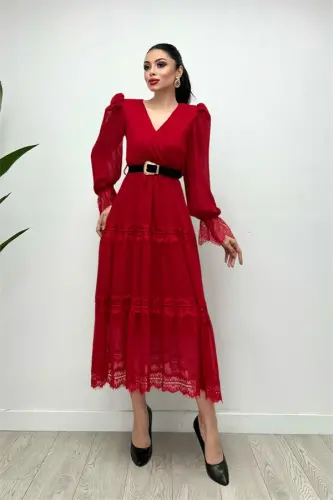 Chiffon Fabric Lace Detailed Dress - RED - BÜYÜKBEDENIZ (1)