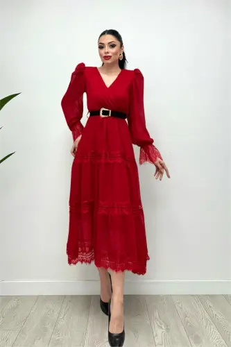 Chiffon Fabric Lace Detailed Dress - RED - 3