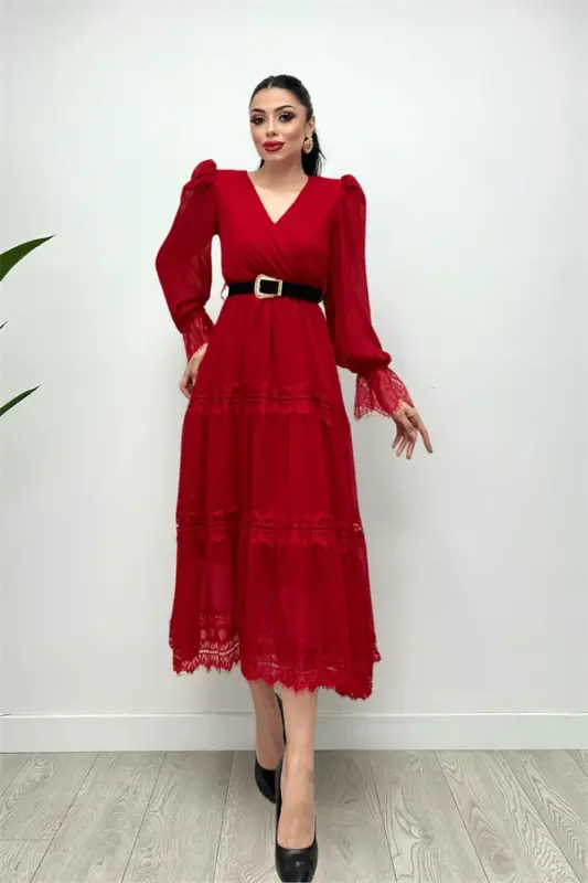 Chiffon Fabric Lace Detailed Dress - RED - 3