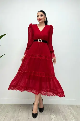 Chiffon Fabric Lace Detailed Dress - RED - 4
