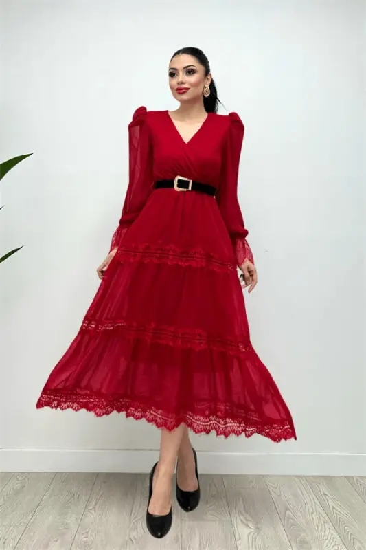 Chiffon Fabric Lace Detailed Dress - RED - 4