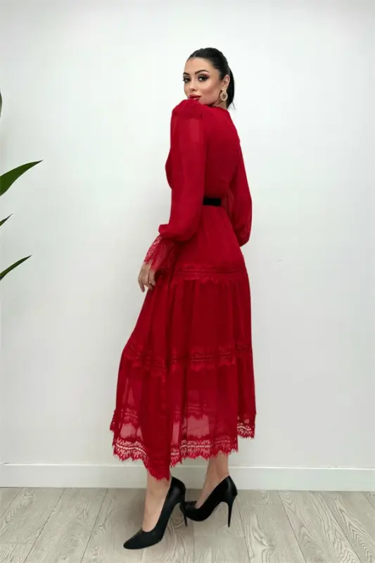 Chiffon Fabric Lace Detailed Dress - RED - 5