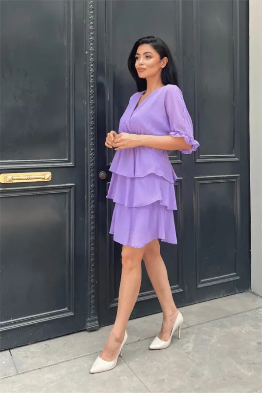 Chiffon Fabric Layered Mini Dress - PURPLE - BÜYÜKBEDENIZ