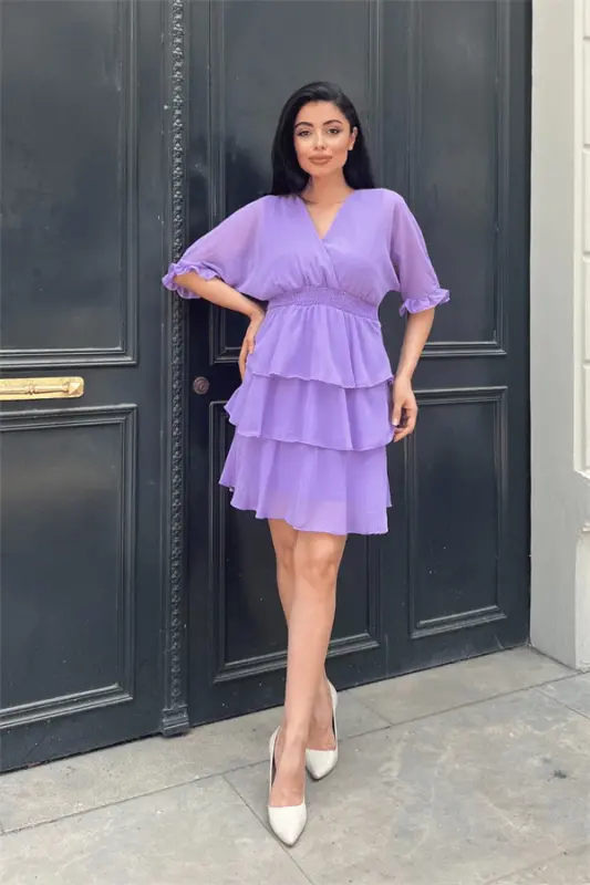 Chiffon Fabric Layered Mini Dress - PURPLE - 2