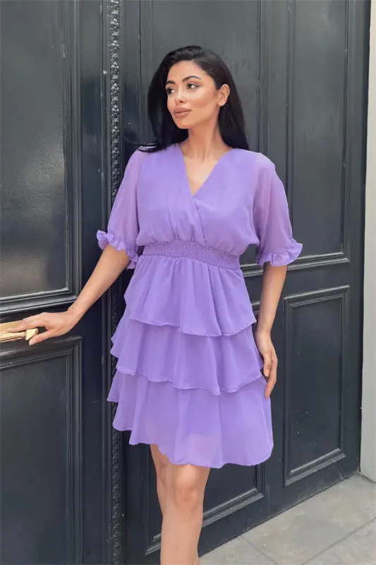 Chiffon Fabric Layered Mini Dress - PURPLE - 3