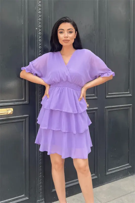 Chiffon Fabric Layered Mini Dress - PURPLE - 4
