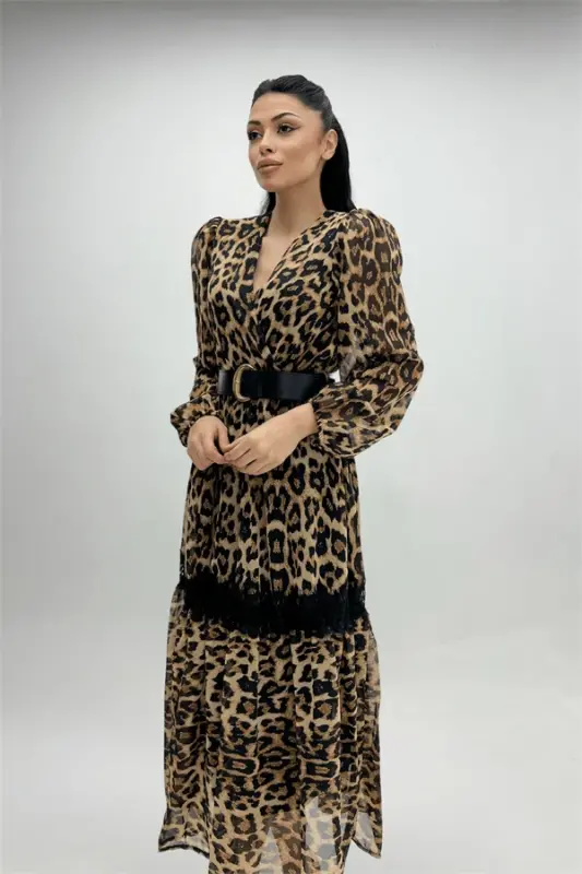 Chiffon Fabric Leopard Print Midi Dress - LEOPARD - 4