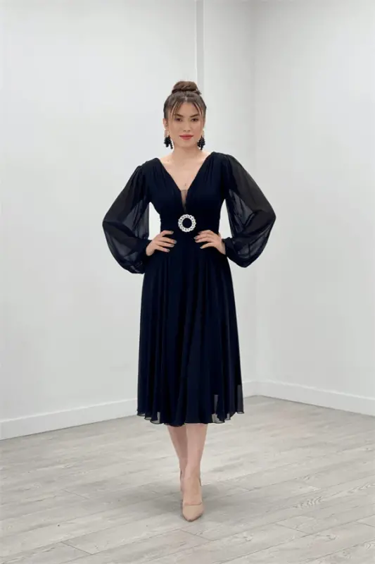 Chiffon Fabric Midi Dress - BLACK - BÜYÜKBEDENIZ