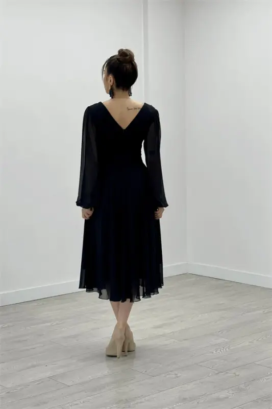 Chiffon Fabric Midi Dress - BLACK - 5