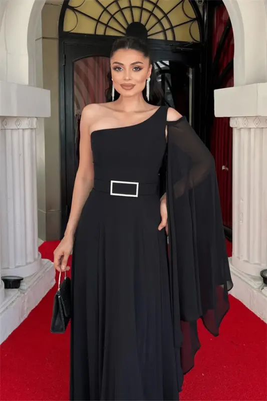 Chiffon Fabric One Shoulder Chiffon Evening Dress - BLACK - 3