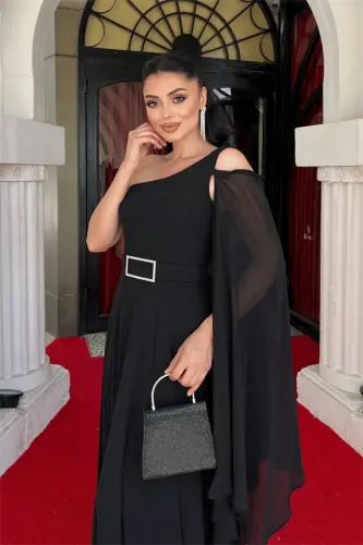 Chiffon Fabric One Shoulder Chiffon Evening Dress - BLACK - 4