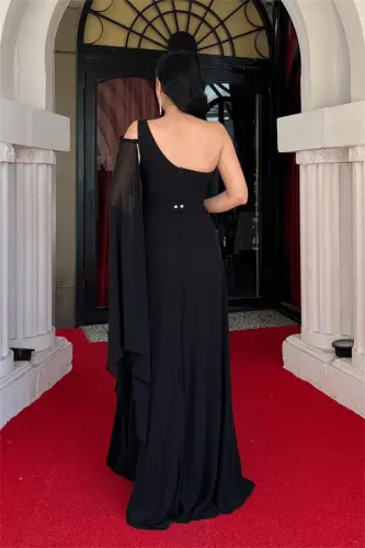 Chiffon Fabric One Shoulder Chiffon Evening Dress - BLACK - 5