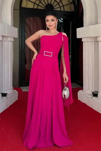 Chiffon Fabric One Shoulder Chiffon Evening Dress - FUCHSIA - 1