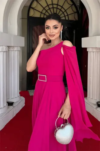 Chiffon Fabric One Shoulder Chiffon Evening Dress - FUCHSIA - 4