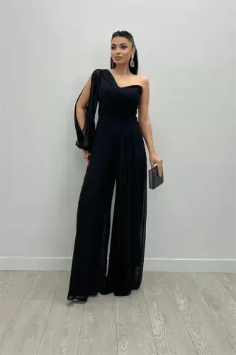 Chiffon Fabric One Shoulder Detail Jumpsuit - BLACK - 2