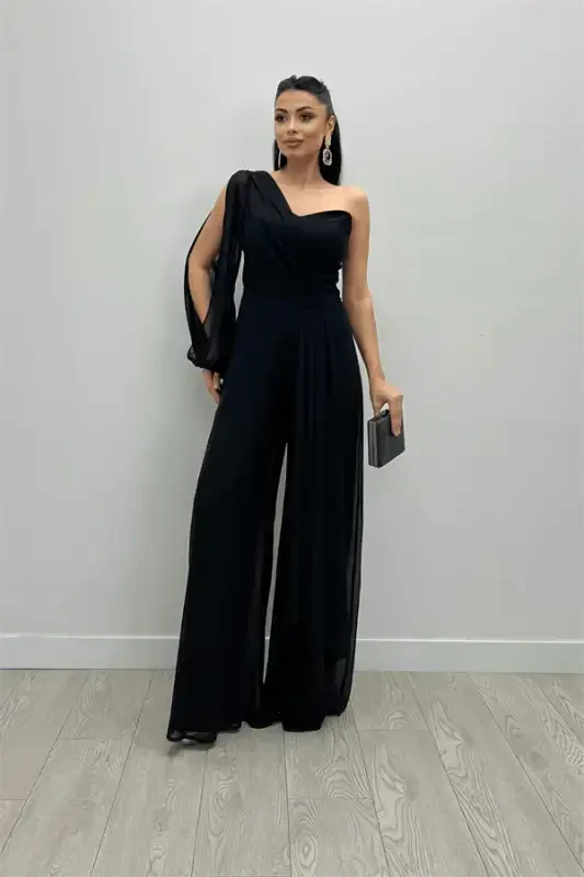 Chiffon Fabric One Shoulder Detail Jumpsuit - BLACK - 2