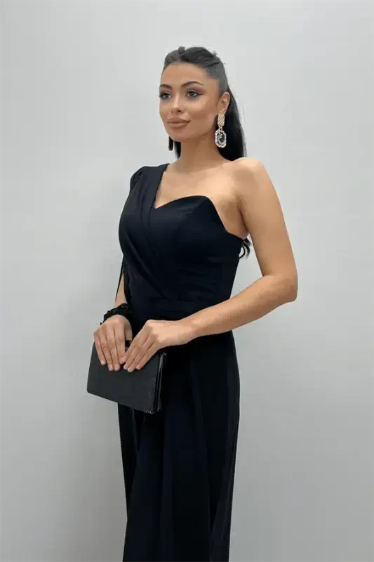 Chiffon Fabric One Shoulder Detail Jumpsuit - BLACK - 3