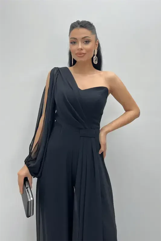 Chiffon Fabric One Shoulder Detail Jumpsuit - BLACK - 4