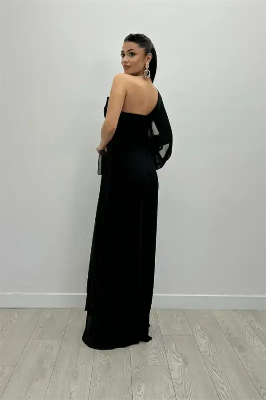 Chiffon Fabric One Shoulder Detail Jumpsuit - BLACK - 5
