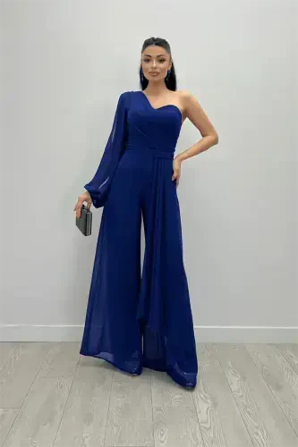 Chiffon Fabric One Shoulder Detail Jumpsuit - SAXE BLUE - 1