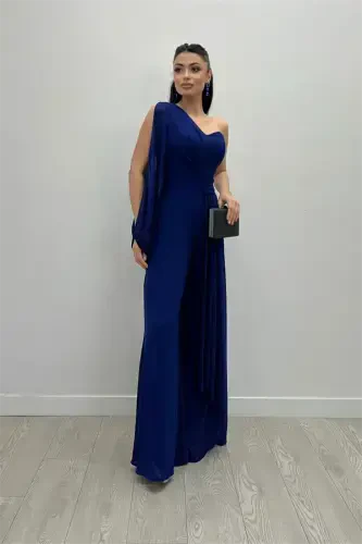 Chiffon Fabric One Shoulder Detail Jumpsuit - SAXE BLUE - 2