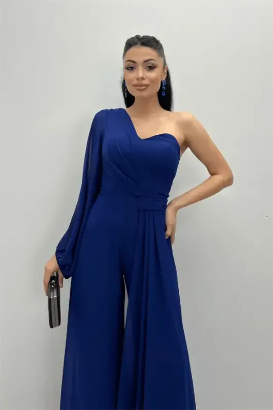 Chiffon Fabric One Shoulder Detail Jumpsuit - SAXE BLUE - 3