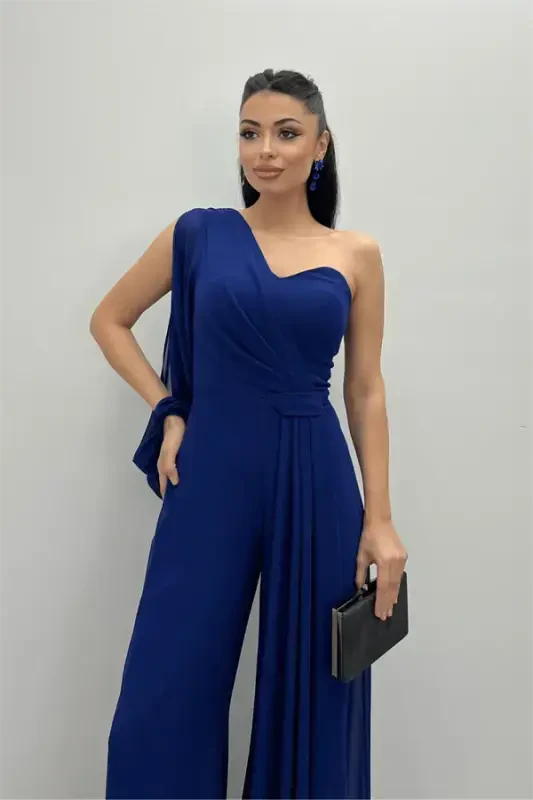 Chiffon Fabric One Shoulder Detail Jumpsuit - SAXE BLUE - 4