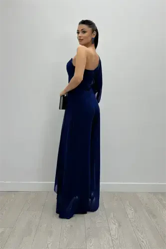 Chiffon Fabric One Shoulder Detail Jumpsuit - SAXE BLUE - 5