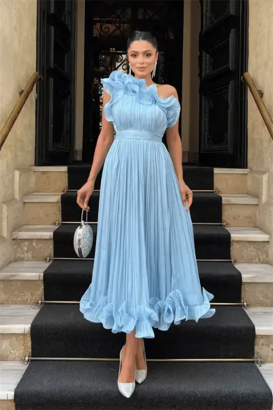 Chiffon Fabric One Shoulder Evening Dress - BABY BLUE - BÜYÜKBEDENIZ