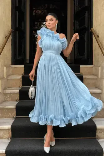 Chiffon Fabric One Shoulder Evening Dress - BABY BLUE - BÜYÜKBEDENIZ (1)