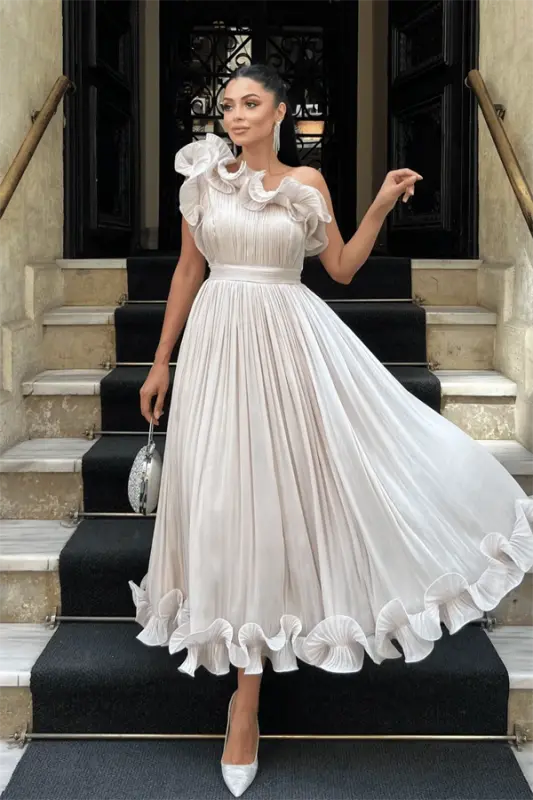 Chiffon Fabric One Shoulder Evening Dress - BEIGE - 1