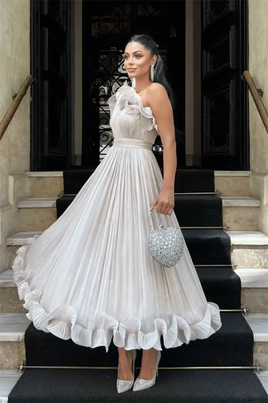 Chiffon Fabric One Shoulder Evening Dress - BEIGE - 2