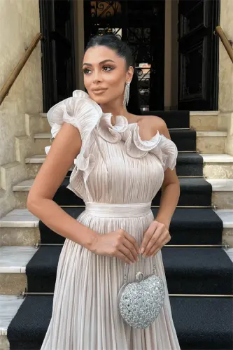 Chiffon Fabric One Shoulder Evening Dress - BEIGE - 3