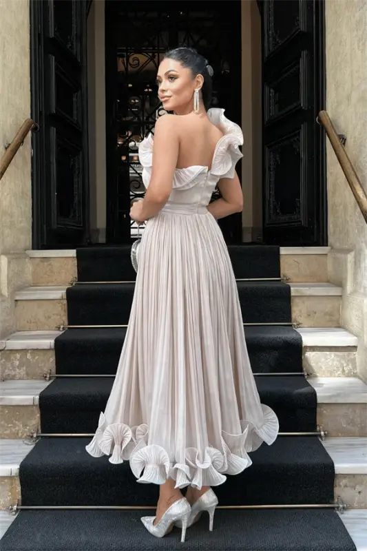 Chiffon Fabric One Shoulder Evening Dress - BEIGE - 5