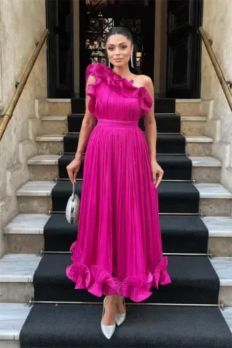 Chiffon Fabric One Shoulder Evening Dress - FUCHSIA - 1