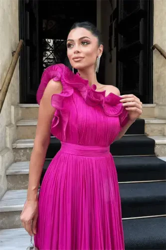 Chiffon Fabric One Shoulder Evening Dress - FUCHSIA - 3