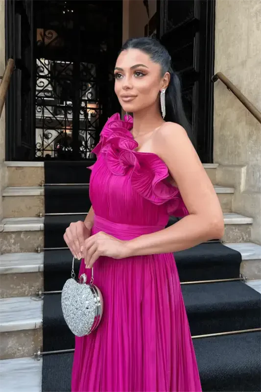 Chiffon Fabric One Shoulder Evening Dress - FUCHSIA - 4