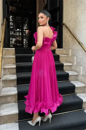 Chiffon Fabric One Shoulder Evening Dress - FUCHSIA - 5