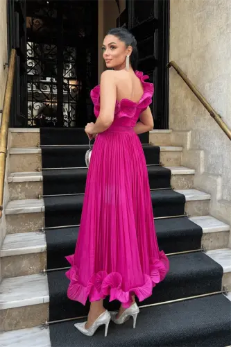 Chiffon Fabric One-Shoulder Evening Dress - FUCHSIA - 3